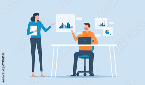 flat vector  business people team meeting for analytics and monitoring  business graph report dashboard concept and business finance investment planning.
