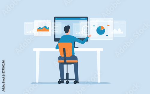Businessman working for data analytics graph report dashboard  and monitoring for business marketing planning and finance investment concept