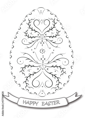Easter. Easter ornamental floral egg with title. Decorative hand-drawn egg, black ornament motif with Happy Easter ribbon.