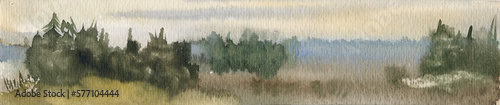 Summer landscape with with coniferous trees. Watercolor illustration