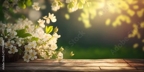 Spring background with white blossoms and sunbeams in front of a wooden table,digital illustration generative AI © Jing
