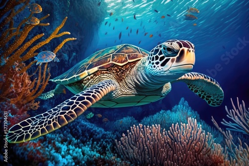 The hawksbill sea turtle is often seen among the coral reefs. Bali, Indonesia's Undersea World. Generative AI © AkuAku