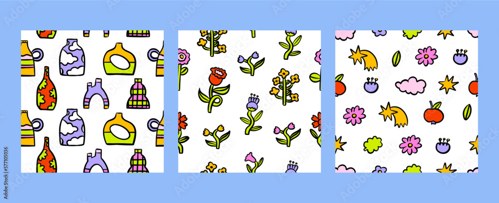Set of fun colorful line doodle seamless pattern. Creative art collection for children or festive celebration design. Simple childish scribble wallpaper print texture bundle. Star, vase, flower, cloud