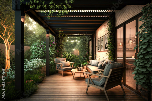 An outdoor living area with furniture and plants. Generative AI.