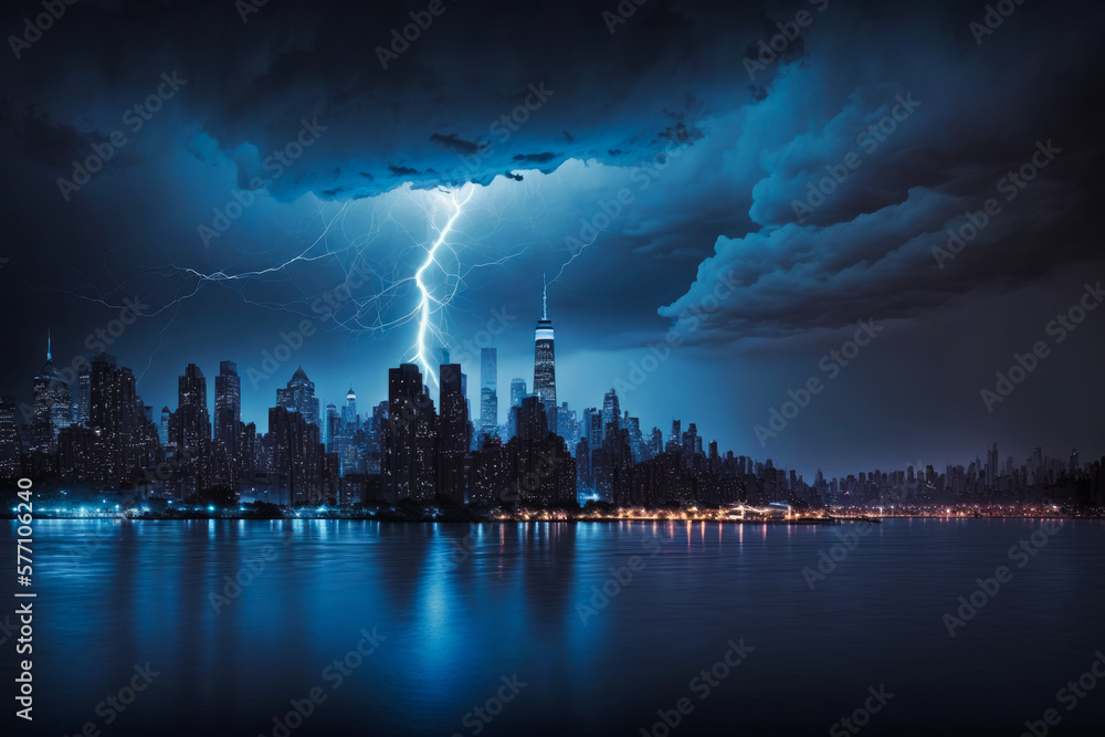 Lightning strikes over city at night. Generative AI.