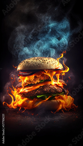 Hot and Fresh tasty delicious grilled hamburger. Ai generated. photo