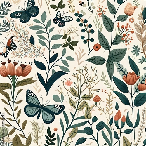 Beautiful butterflies with vines flowers in drawing art style. Generative AI.