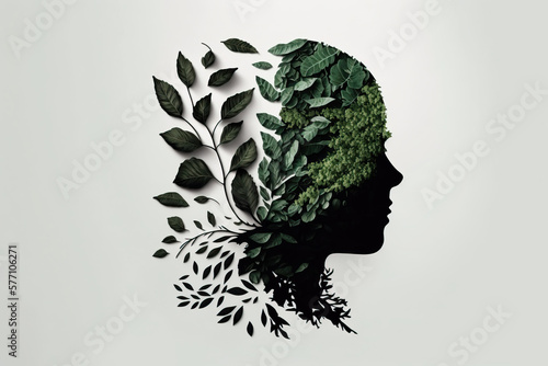 Generative AI illustration of female profile with green leaves photo