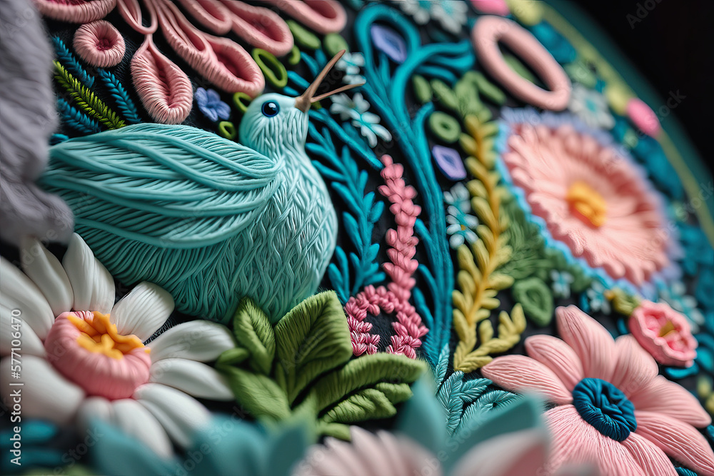 Bird and flower embroidery. Generative Ai
