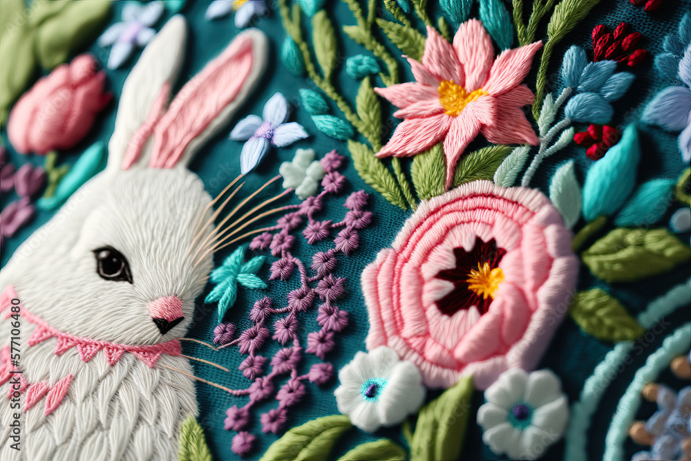Embroidered Bunny with flowers. Generative Ai