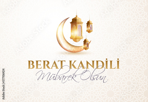 Berat Kandili, vector banner Berat Kandiliniz Kutlu Olsun Muslim holiday, feast. Translation: berat Kandil is one of the five Islamic holy nights
