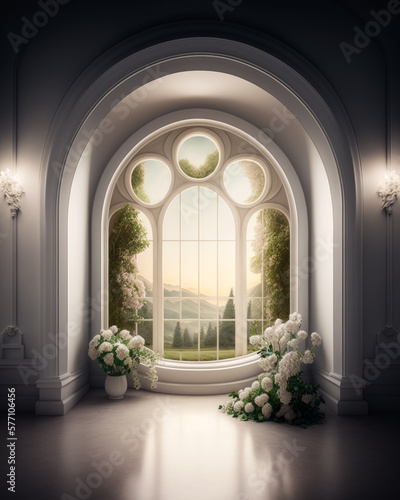 An empty room with an arched window and flowers. Generative AI. © valentyn640