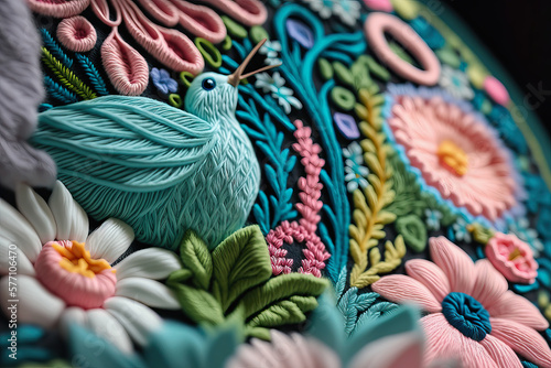 Bird and flower embroidery. Generative Ai © olgakudryashova