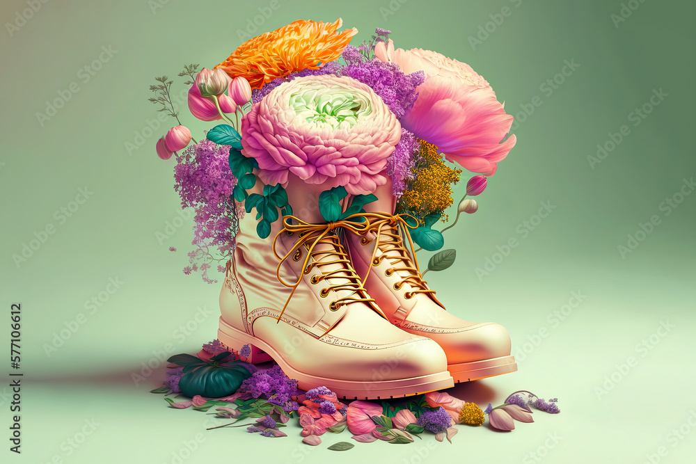Illustration realistic shoes with flowers on a colored background. Generative Ai