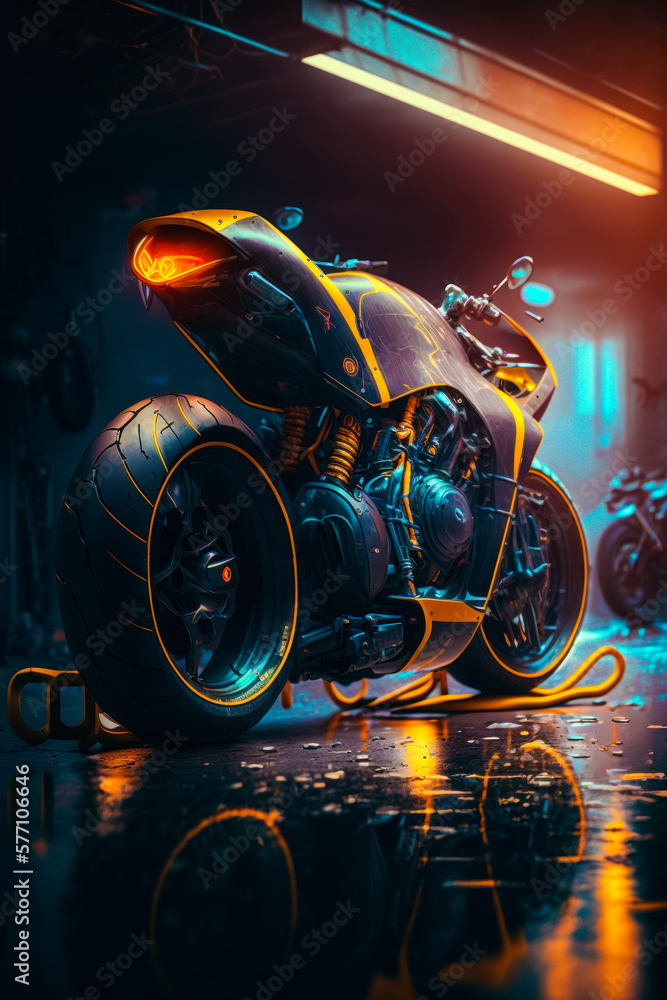 Motorcycle is parked in garage at night. Generative AI.