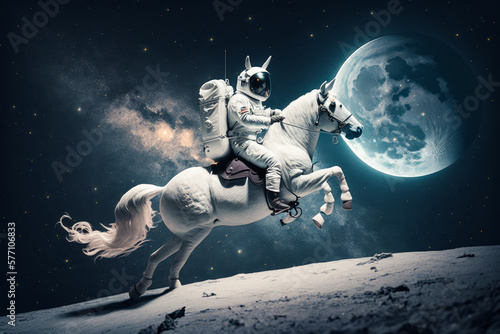 Valokuva An astronaut riding white horse on the moon. Generative AI.