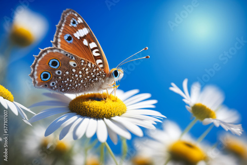 Butterfly sits on daisy with blue sky in the background. Generative AI.
