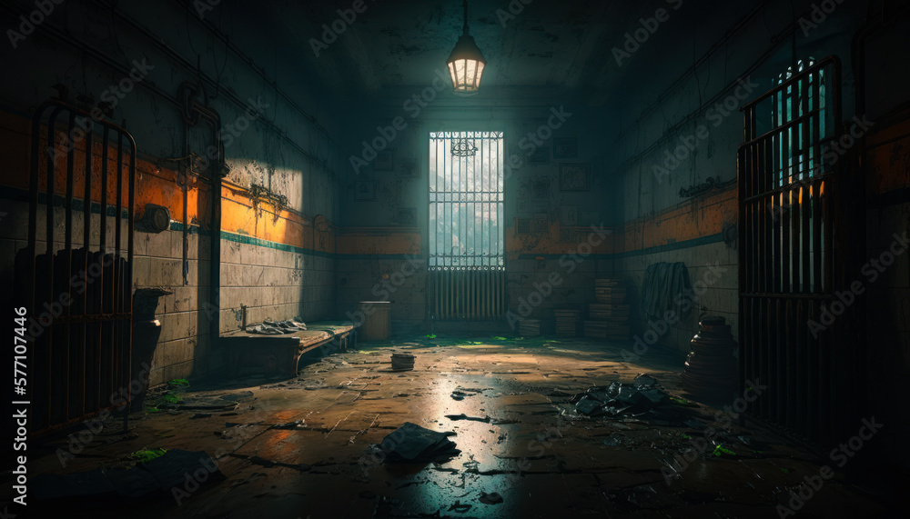 The inside of jail cell in dark room. Generative AI. Stock Illustration