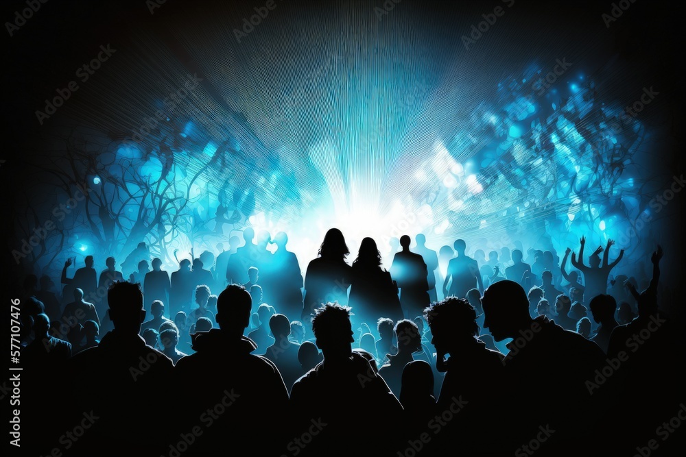 crowd silhouettes against a stage lit by spotlights and a confeti. Generative AI