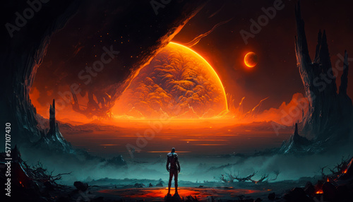Man standing in front of an alien planet. Generative AI.