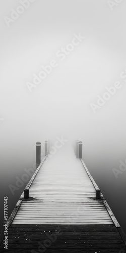 Black and white photo of pier in the fog. Generative AI.