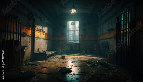 The inside of jail cell in dark room. Generative AI.