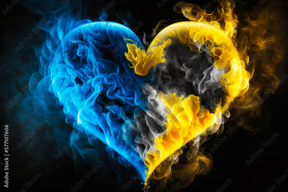 Fototapeta premium Blue and yellow heart with flames in the middle. Generative AI.