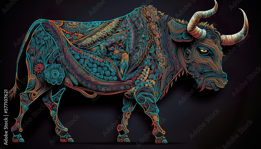 Fototapeta premium abstract ornate colorful bull on the dark background, generative ai