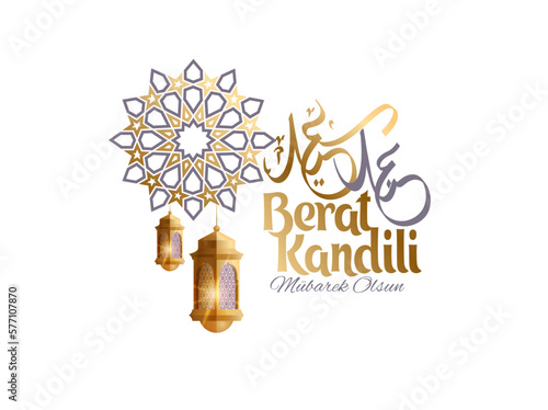 Berat Kandili, vector banner Berat Kandiliniz Kutlu Olsun Muslim holiday, feast. Translation: berat Kandil is one of the five Islamic holy nights