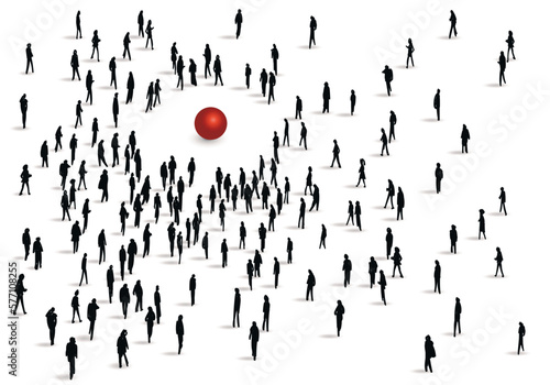 Concept de la curiosité humaine pour le mystère, avec des personnes attirés par une étrange boule rouge, symbolisant une énigme.