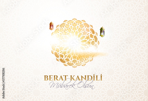 Berat Kandili, vector banner Berat Kandiliniz Kutlu Olsun Muslim holiday, feast. Translation: berat Kandil is one of the five Islamic holy nights photo