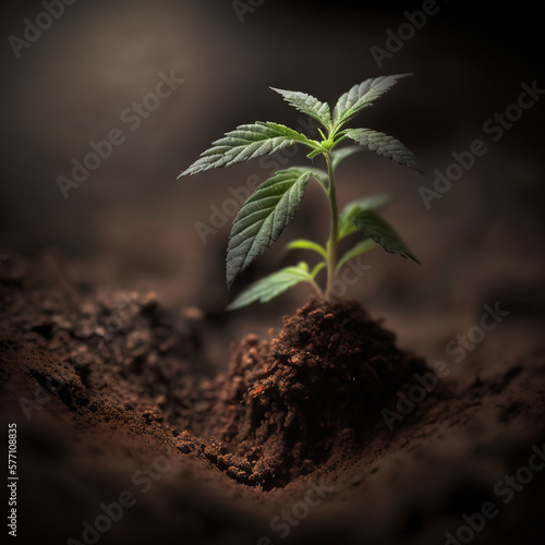 Junge Cannabis Pflanze in der Erde. Generative AI
