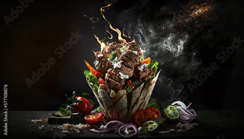 gyros kebab dürüm döner on dark background, generative ai photo