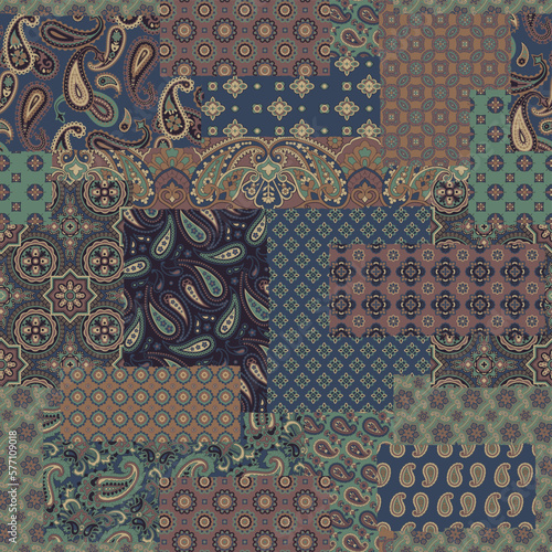 Paisley cashmere bandana fabric patchwork vintage vector seamless pattern