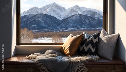  a window seat with a view of the mountains outside of the window with a blanket on it and a throw pillow on top of it. generative ai