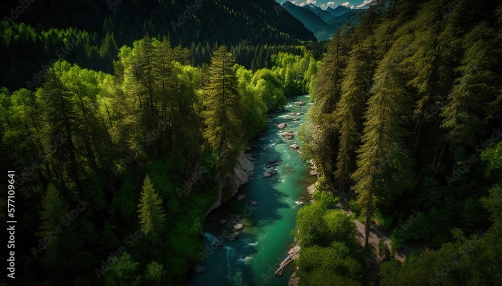  a river running through a lush green forest covered hillside next to a forest covered mountain range with snow capped mountains in the distance, as seen from a bird's eye view.  generative ai