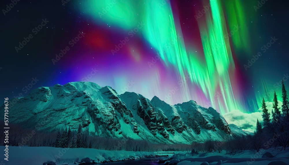  a green and purple aurora bore over a snowy mountain range with a stream running through the foreground and trees in the foreground, and a dark sky filled with stars.  generative ai