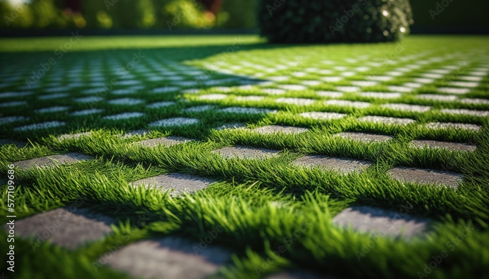 a green lawn with a stone walkway and grass growing on the sides of the walkway and grass growing on the sides of the walkways. generative ai a green lawn with a stone walkway and grass growing on the sides of the walkway and grass growing on the sides of the walkways. generative ai