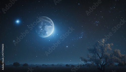  a full moon and a tree in the night sky with stars in the sky and a tree in the foreground with the moon and stars in the background. generative ai