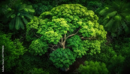  an aerial view of a tree in the middle of a forest with lots of green leaves on the ground and a few trees on the ground. generative ai