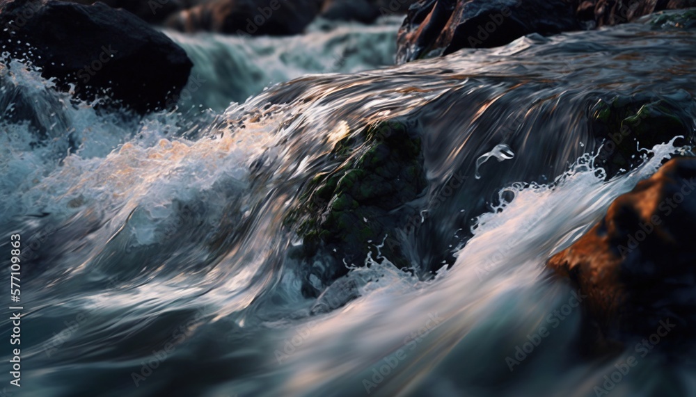  a stream of water running over rocks in a river with rocks in the foreground and water splashing on the rocks in the foreground.  generative ai