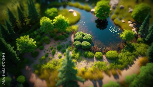  an aerial view of a pond surrounded by trees and bushes, with a few sheep grazing in the distance on the other side of the pond.  generative ai