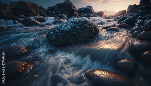  a rock in the middle of a river with water rushing over it and rocks in the foreground with a sun setting in the background. generative ai