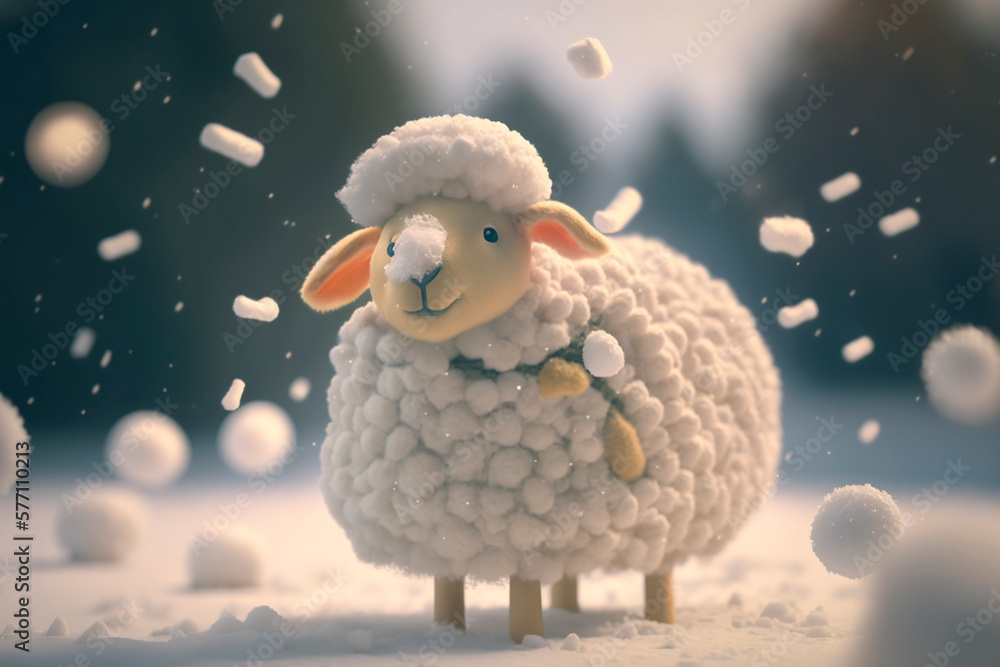 Obraz premium Joyful and Cute Sheep Having Fun in the Snow During a Frosty Winter