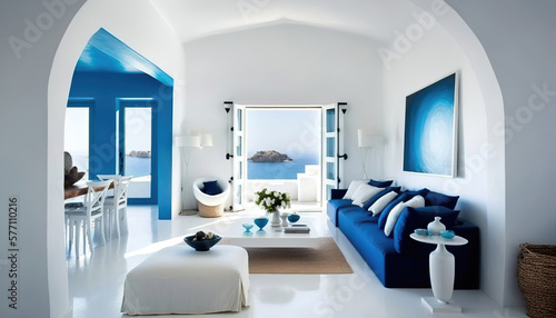 beautiful interior of a greek beach house room, generative ai © Gbor