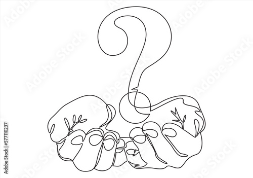 Hands holds question mark one line art, hand drawn asking sign, idea continuous contour. Query FAQ concept, finding answer. Editable stroke. Isolated. Vector illustration