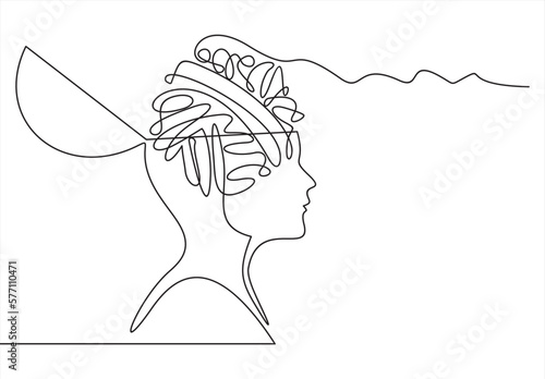 Human head with confusion of thoughts in Continuous one line drawing. Concept of bad mental health, anxiety and stress. Headache and chaos in consciousness in linear style. Vector illustration