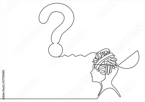 Concept of confused feelings in one continuous line drawing. Human head with question mark inside in simple linear style. Doodle Vector illustration for banner, brochure, poster, presentation