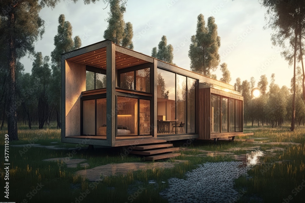Small Modern Rectangular House In Forest. AI Generated. 3D Illustration.