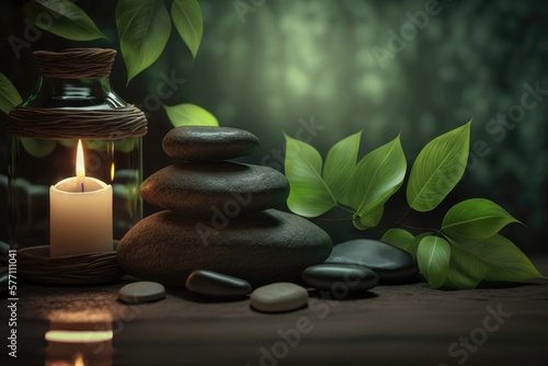 Spa and health concept with candle and stones in nature background. Generative AI